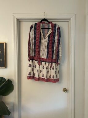 English Factory Red, Navy and Cream Printed Long Sleeve Dress